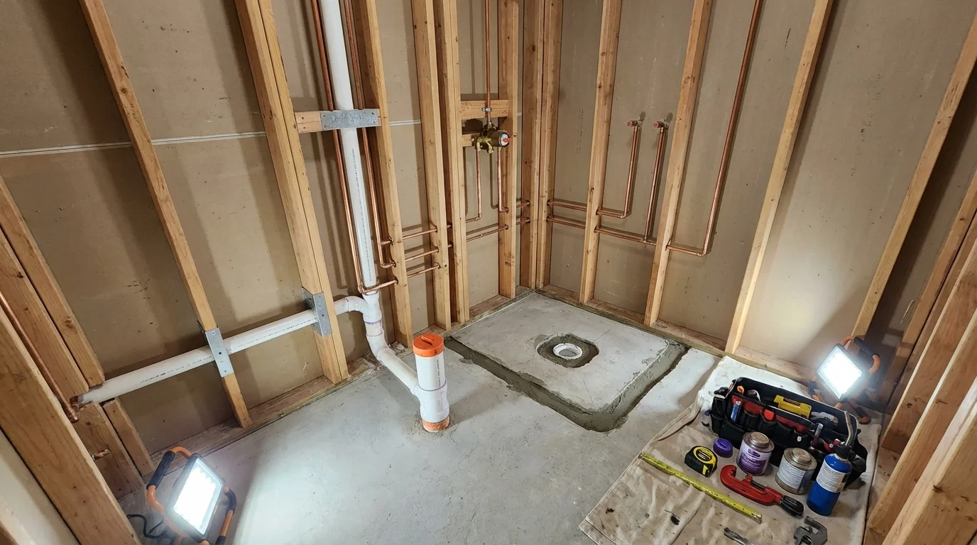Bathroom rough-in plumbing during remodel by Johns Plumbing LLC in Holly