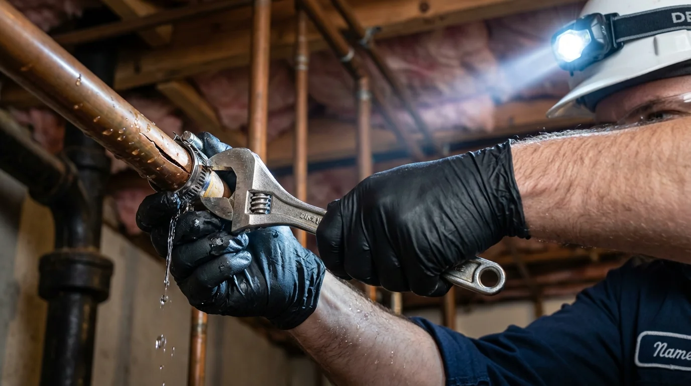 Emergency pipe clamp repair being performed by a Johns Plumbing LLC plumber in Holly