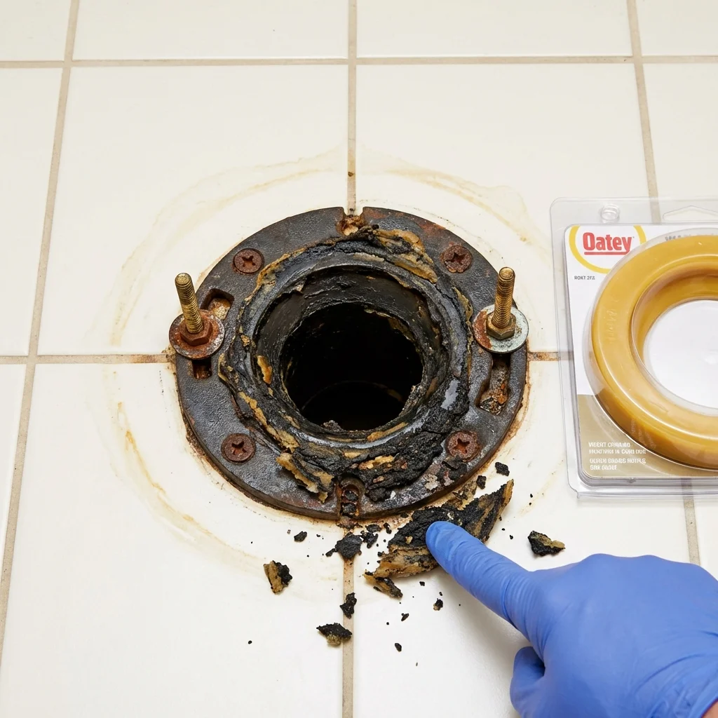 Failed wax ring showing water seepage at the base of a toilet in a Holly, MI home