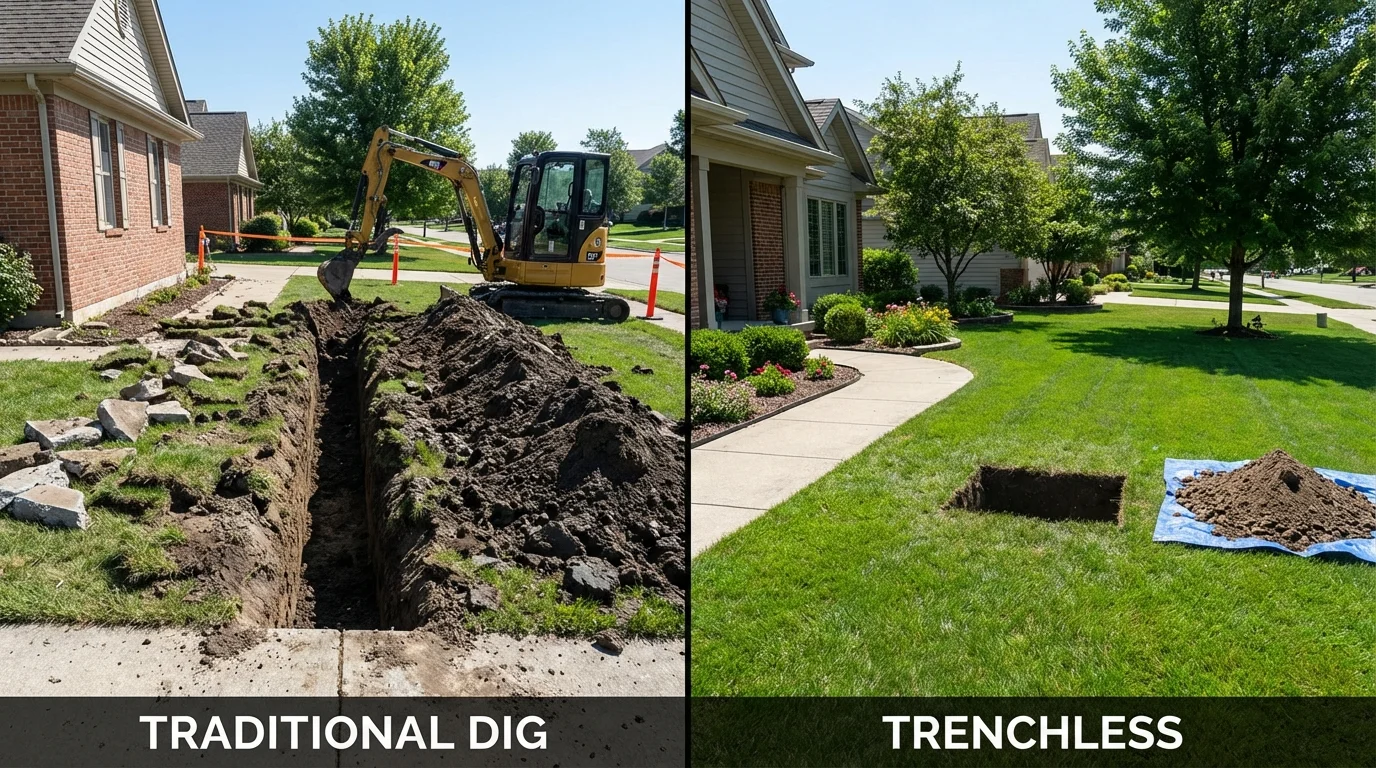 Trenchless sewer repair with minimal yard damage versus traditional excavation in Holly, MI