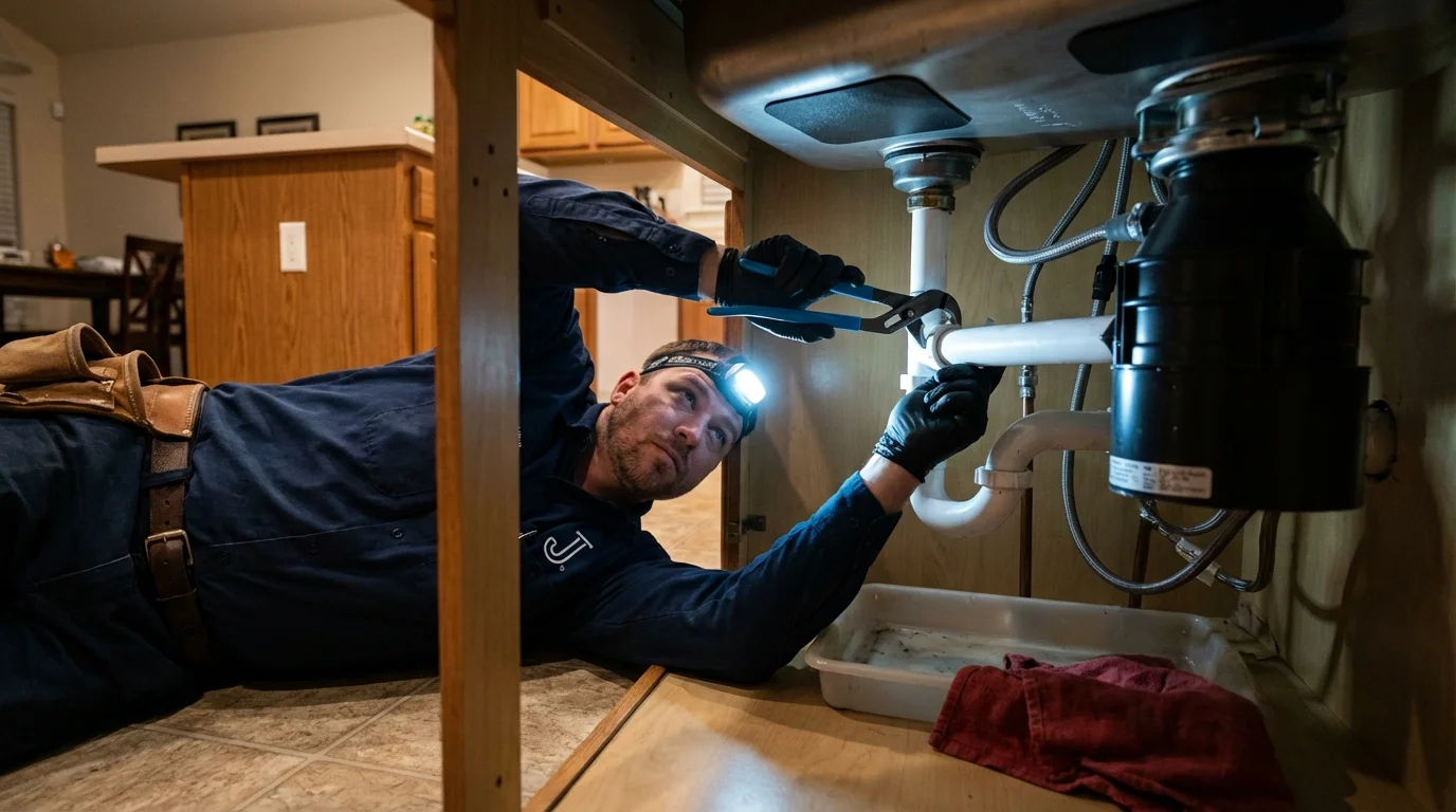 P-trap and supply line connections under a kitchen sink showing a common leak point in Holly, MI